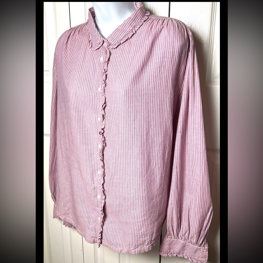 XIRENA Hale Blouse Shirt Button Down Ruffle Pink Purple Long Sleeve Small - Picture 4 of 9